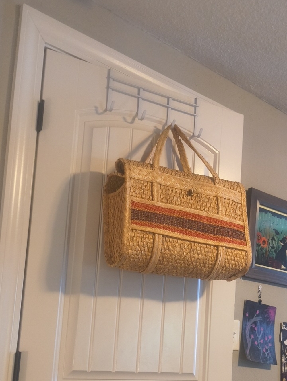 Woven Straw Tote Bag with Rustic Stripe - Natural